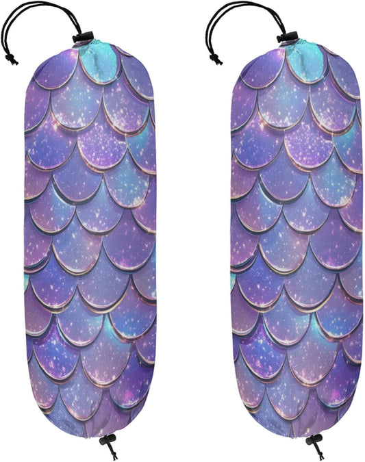 Purple Mermaid Scales Plastic Bag Holder 2 Pcs Grocery Bag Organizer Reusable Trash Bags Organizer Wall Mount Washable Kitchen Dispenser Holders with Drawstring Closure