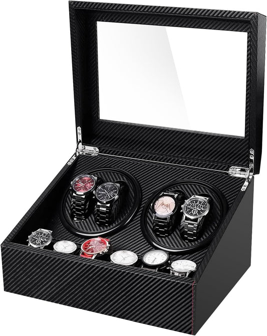 Watch Winder for Automatic Watches,Ultra Quiet Motor,4 Automatic Watches and 6 Extra Watch Storage Spaces, PU Leather Crocodile Styling