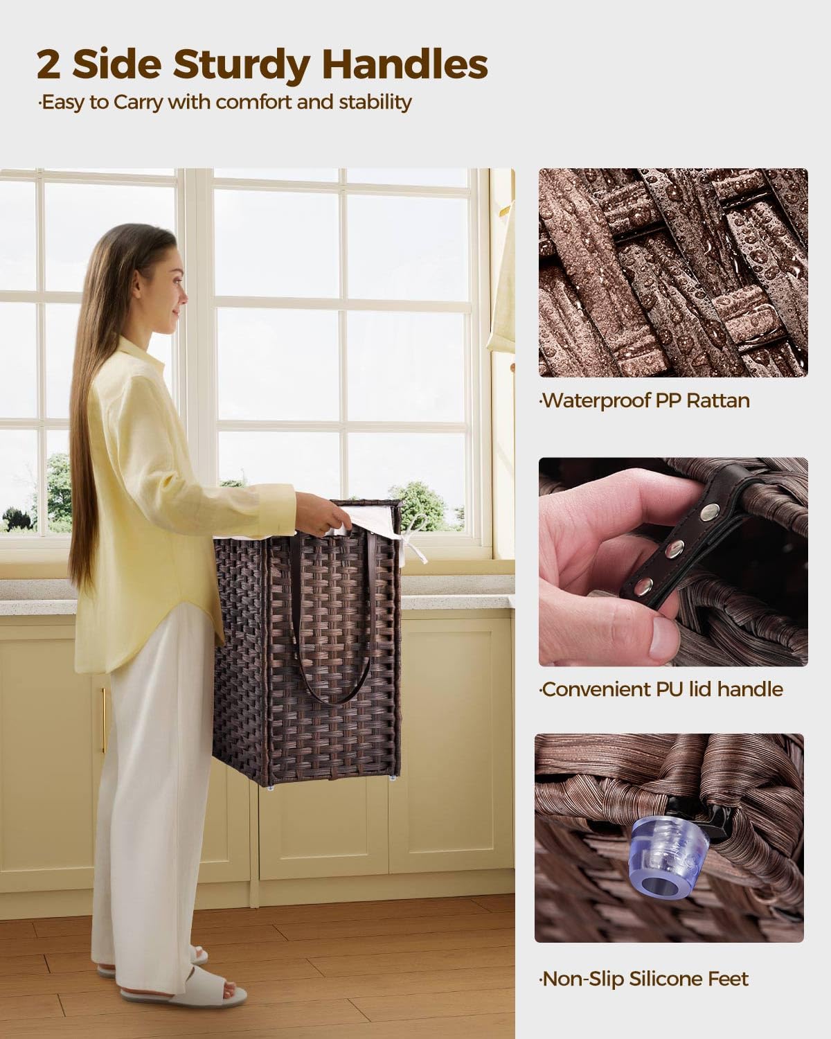 GREENSTELL Laundry Hamper with Wheels&Lid, 130L Large 3 Sections Clothes Hamper with 2 Types Removable Liner Bags, 5 Mesh Laundry Bags, Handwoven Divided Laundry Basket Brown
