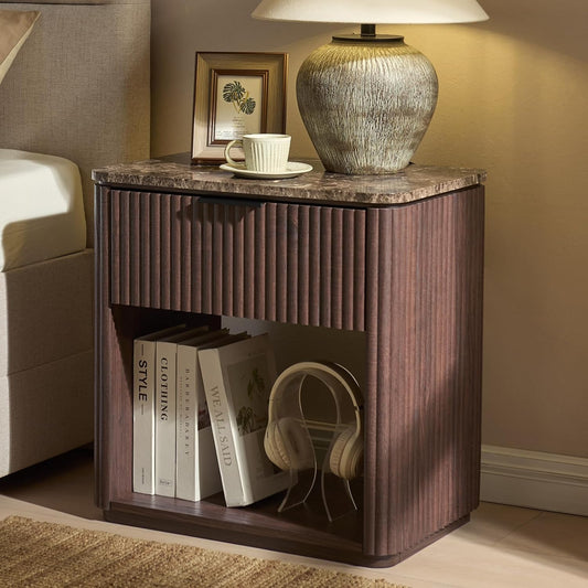 Fluted Nightstand with Drawer, Bedside Table with Faux Marble-Top, Engineered Wood Side Table with Open Shelf, Curved Corners, Metal Handle, Modern Night Stand for Bedroom, Small Spaces, Dark Oak