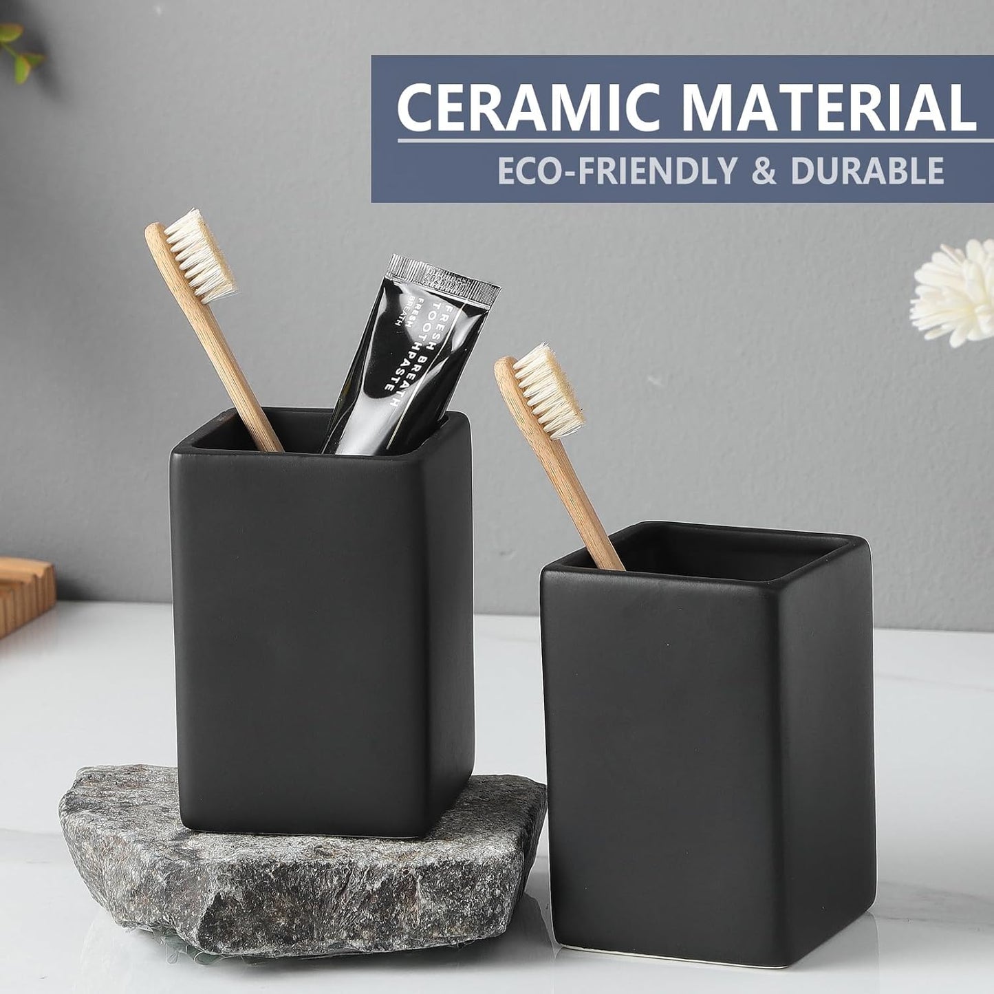 Black Square Toothbrush Holders for Bathrooms - 2 Cups Ceramic Square Toothbrush Toothpaste Holders Set, Bathroom Tumbler Cups Reusable Toothbrush Mouthwash Cup, Bathroom Counter Organizer.