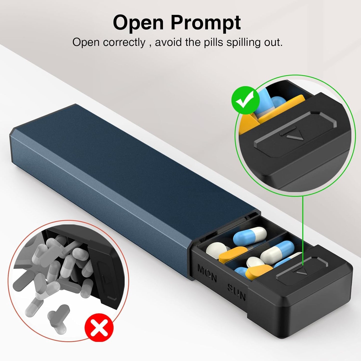 HEIYING Pill Organizer with Aluminum Shell for One Week Capacity, Portable 7 Compartments Pill Box Container to Hold Vitamin, Medicine, Supplements