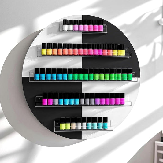 Wall Mount Nail Polish Organizer, Wood Nail Polish Rack w/Acrylic Barrier, 5-Tier Round Storage & Display Shelf, Perfume Essential Oil Bottles Holder, White & Black