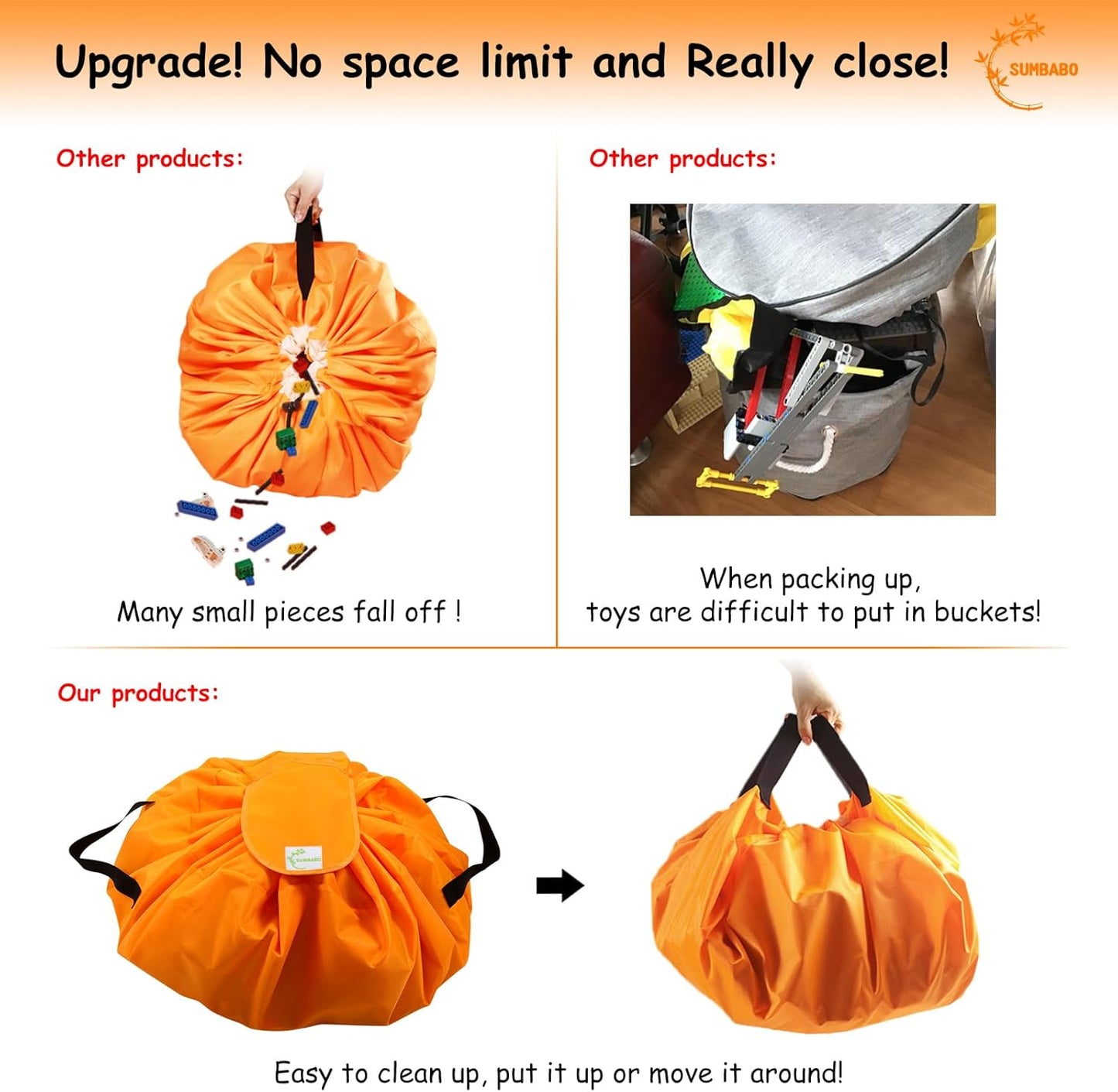 Toy Storage for Lego Play Mat Bag - Duplo Toy Organizer Storage Bag by Drawstring for Kids Tidy Toy with Lips can as Gift (Orange 47 inch)