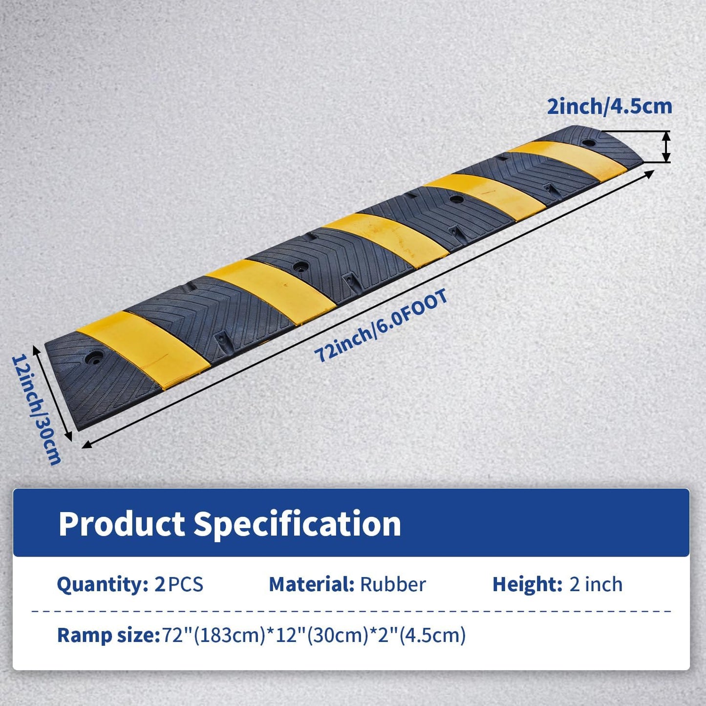 BESEA 6Feet Rubber Speed Bump, 72" x 12" x 2" Heavy Duty Speed Bump Cable Protector Ramp for Driveway, Road Parking, Garage, Parking Lot, Warehouse(2 Packs)