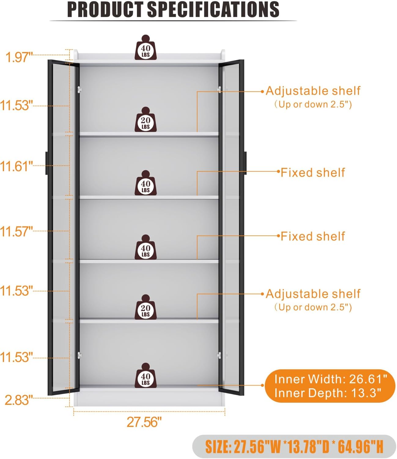 Display Cabinet with Doors and Adjustable Shelves, 65" Tall Bookcase with LED Lights/Human Sensor, 5 Tier Display Case for Collectibles Bedroom Living Room Office, White
