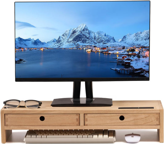 KIRIGEN Wood Monitor Stand with 2 Drawers - Computer Arm Riser Desk Storage Organizer,Speaker TV Laptop Printer Stand with Pen Slot and Cable Management,2-Tier Desktop Shelf NA-2PMJ