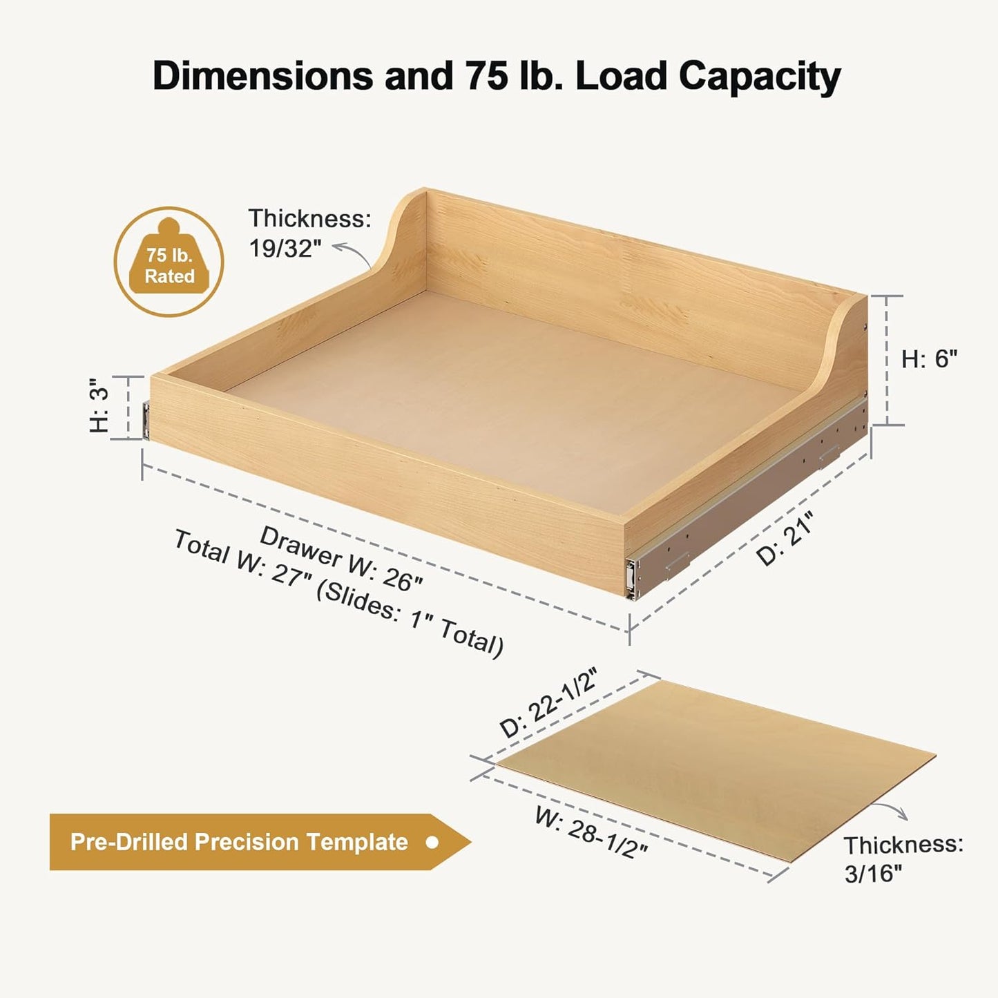 ALINE FURNITURE Birch Pull Out Drawers for Cabinets, 27" W x 21" D x 6" H Soft-Close Slide Out Drawer for Kitchen Cabinets, Pull Out Shelves, Pantry Cabinet Organizer, with Pre-Drilled Wood Template