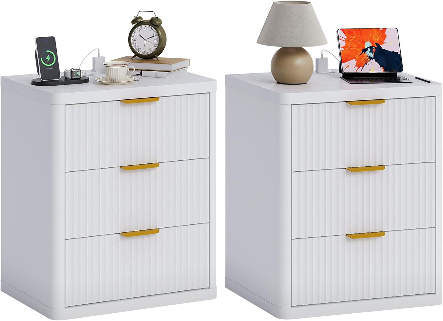Fluted Nightstand Set of 2 with Charging Station, Bedside Table with 3 Drawers Storage Space, Metal Handles and Rounded Corners for Safety, Mid Century Modern End Table, for Bedroom, Living Room