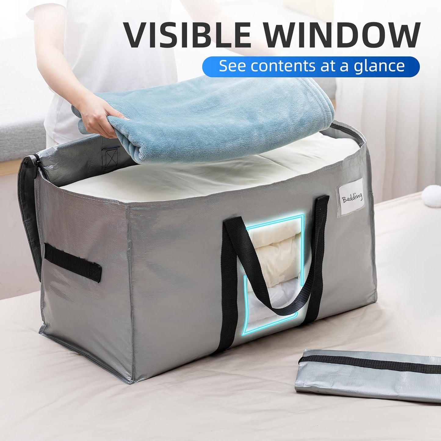 TAILI Extra Large Moving Bags, 12 Pack Silver Heavy Duty Totes for Storage with Visible Window, Wrap Around Handles, Storage Bags for Space Saving, Alternative to Moving Boxes
