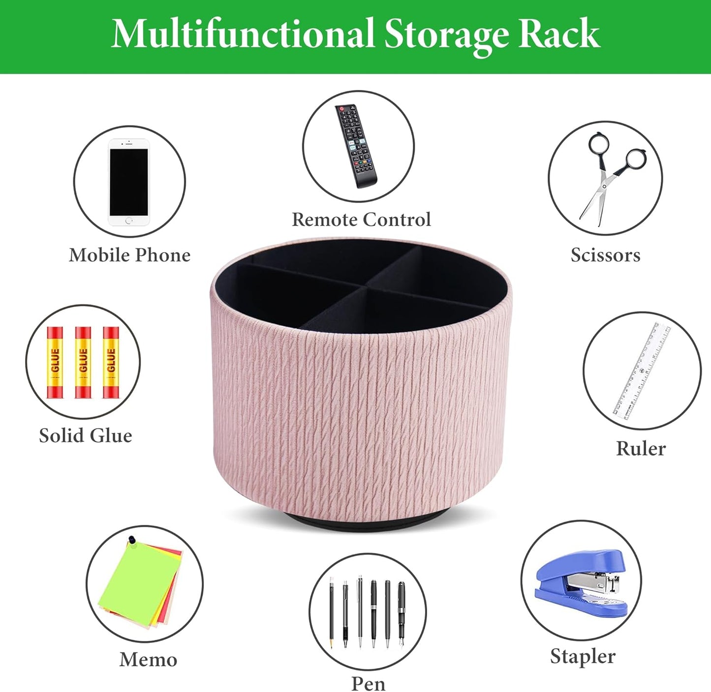 Round Leather Art Supply Organizer,Remote Control Holder,360 Degree Spinning,Multi-Functional Pencil Holder,4 Compartments Desktop Stationary Organizer(1-Wood Pink2)