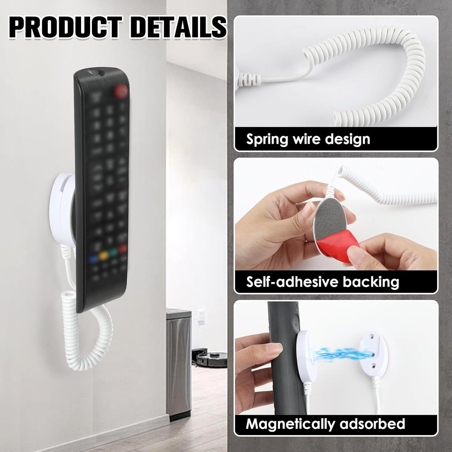 Magnetic Remote Leash Control Holder with Security Cable, Retractable Tidy Anti-lost Rope Organizer Easy Installation Stable Suitable for Projector TV Fan and Air Conditioner Remotes (4Pcs White, L)