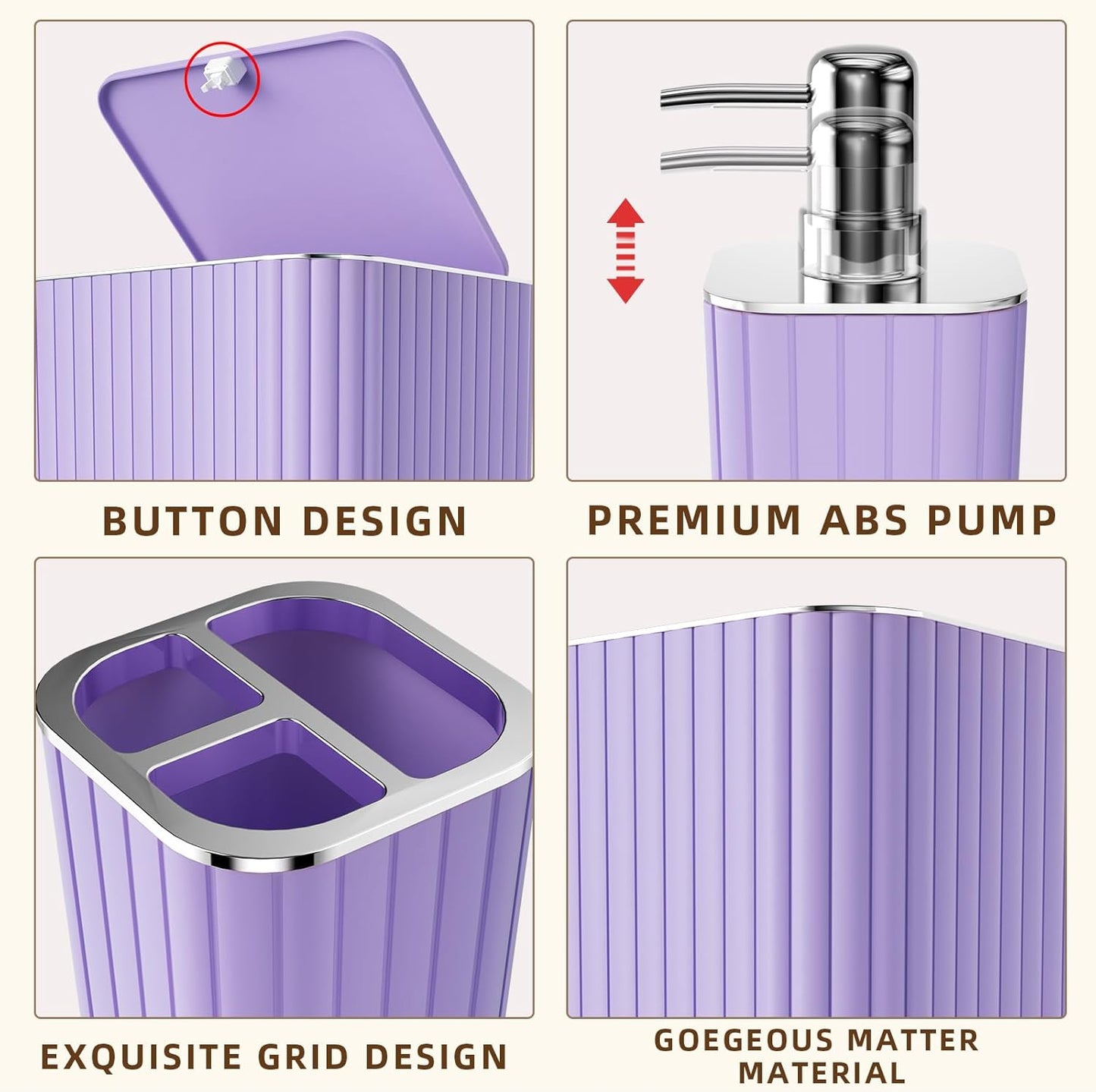 Bathroom Accessories Set - Gorgeous Purple Bathroom Set, 10PC Bathroom Accessory Set, Toilet Brush, Trash Can & Soap Dispenser