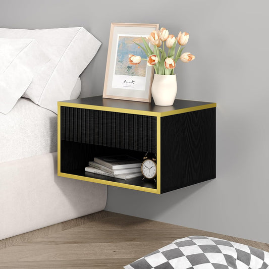 4ever2buy Floating Nightstand with Fluted Drawer, Modern Wall Mounted Nightstand with Open Shelf, Black and Gold Night Stand for Bedroom, Black