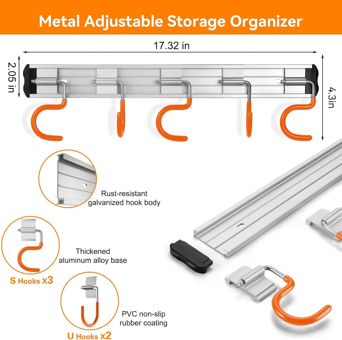 34.5'' Aluminum Alloy Garden Tool Organizer Wall Mount Garage Organizers and Storage with Hooks Tool Hangers for Shed Hooks for Shovel, Rake, Broom & More