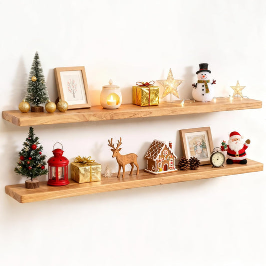 Floating Shelves 40"W x 8"D, Solid Elm Wood Shelves for Wall, 8 Inch Deep Floating Shelves for Home Storage & Display, Rustic Wooden Bathroom Shelves 40 Inch Long, Set of 2, Heavy-Duty Bookshelf