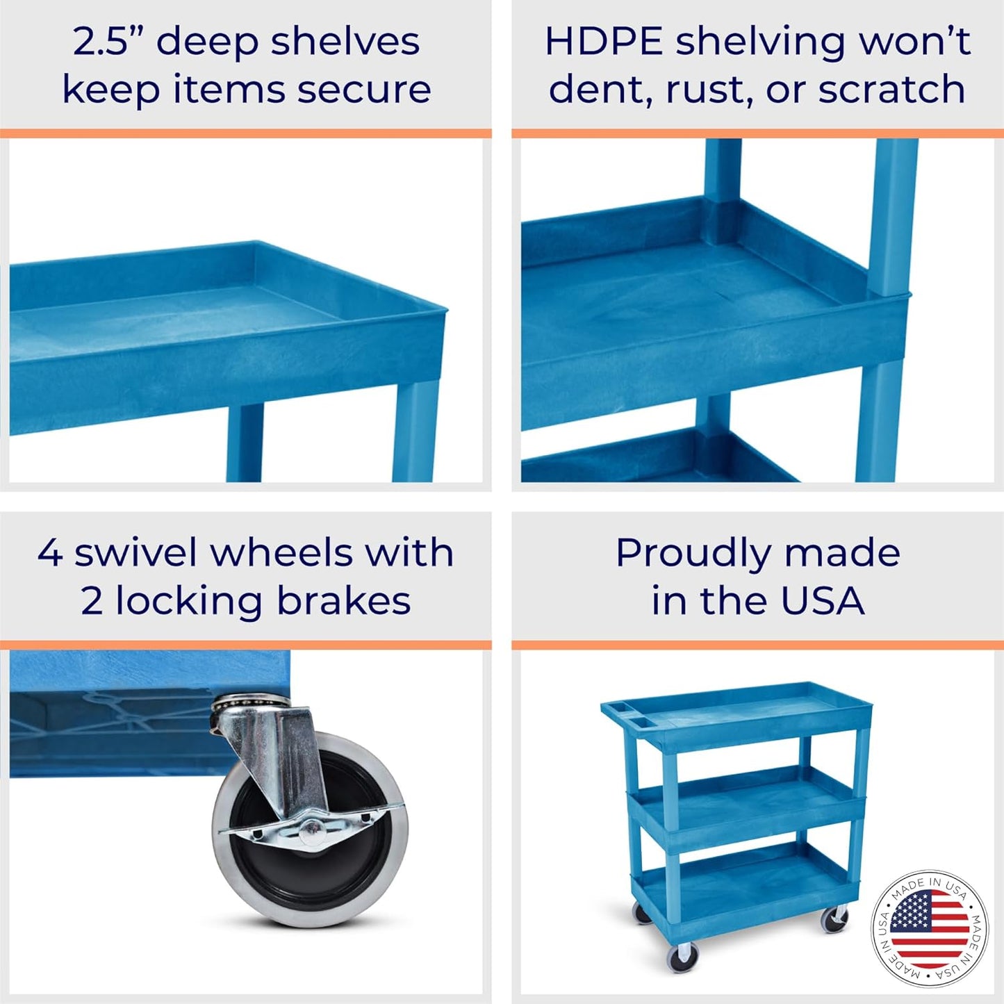 Stand Steady Tubstr 3 Shelf Utility Cart | Made in USA | Heavy Duty Tub Cart Holds Up to 500 lbs. | Storage Cart & Rolling Tool Cart for School, Office, Garage & Warehouse (32 x 24in / Blue)