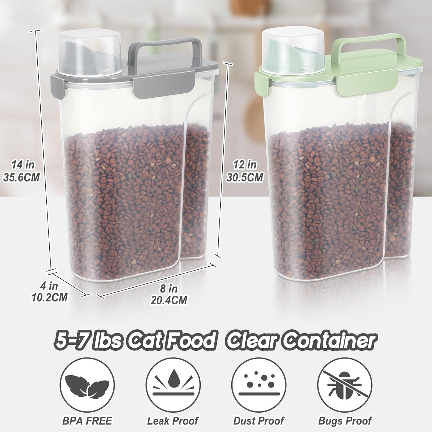 5-7Lbs Dog Cat Food Storage Container with Upgraded Large Nozzle BPA-free, 4 Snap Seals Plastic Pet Food Storage Containers with Handles (Light Green+Light Gray, 5L-2pack)