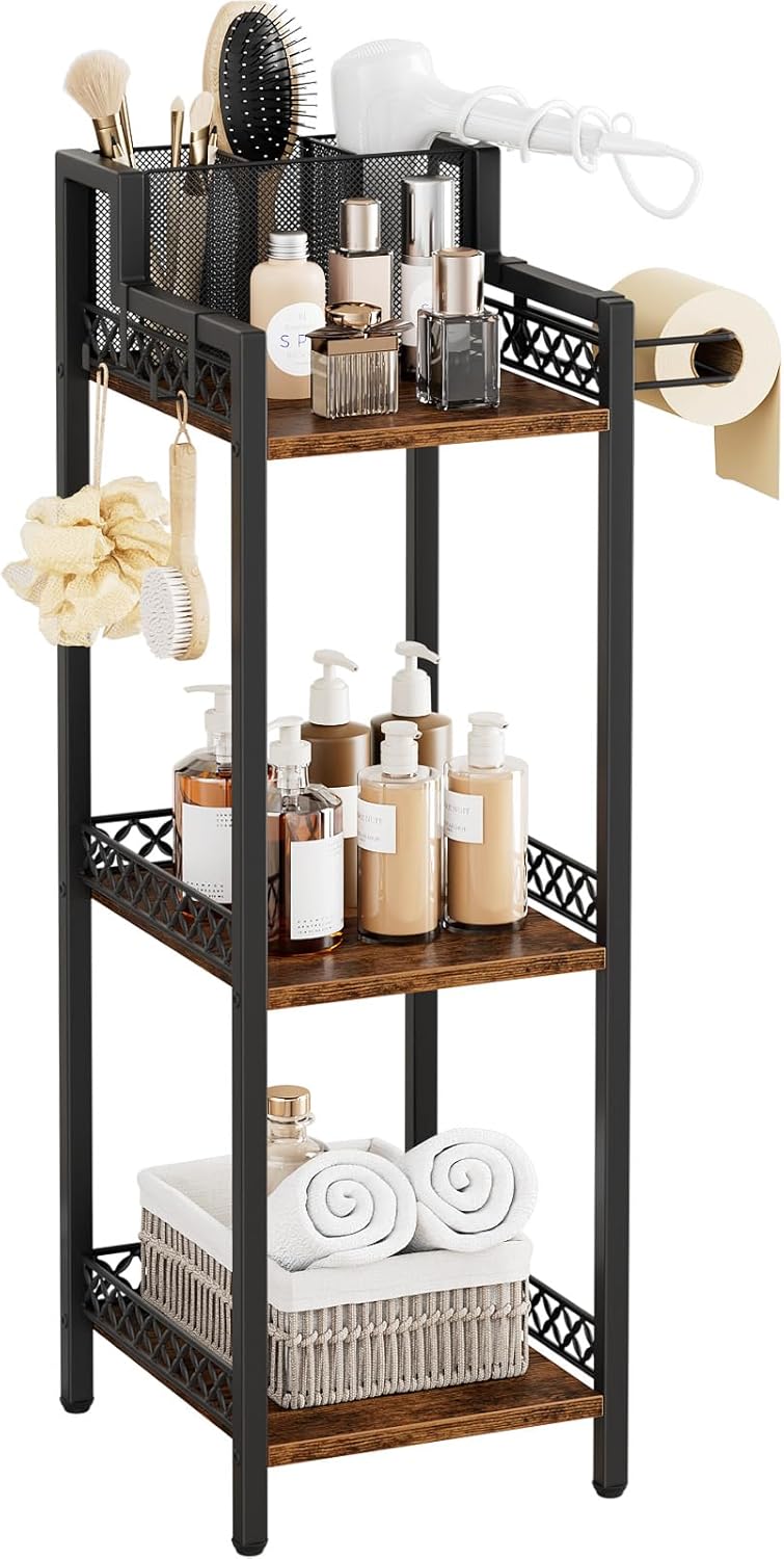 Bathroom Storage Shelf Hair Dryer Holder, 3-Tier Narrow Metal Standing Rack with Toilet Paper Holder, Multifunctional Corner Unit Rack for Cosmetic, Curling Irons (9.85“ Black Without Drawer)