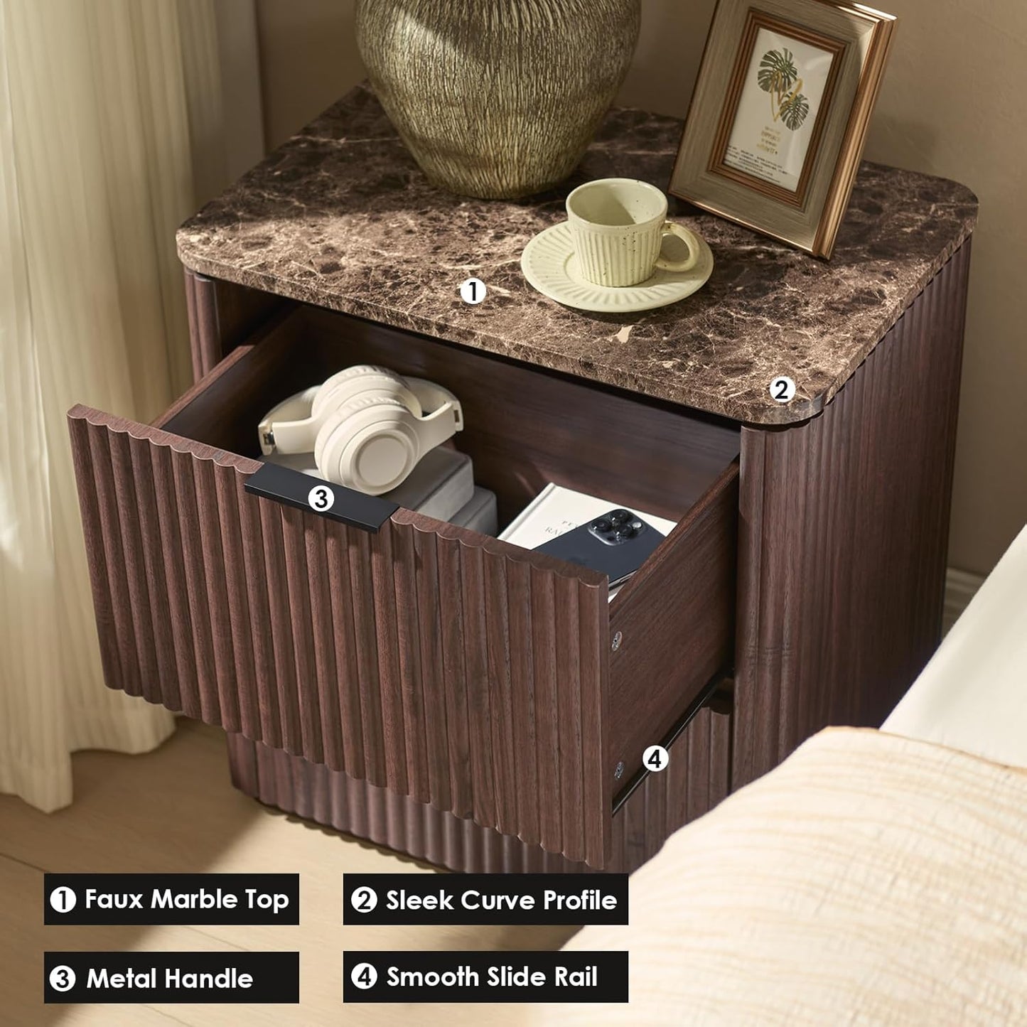 Fluted Nightstand Set of 2, Bedside Table with 2 Drawers, Engineered Wood End Table with Faux Marble-Top, Curved Corners, Metal Handle, Modern Night Stand for Bedroom, Small Spaces, Dark Oak