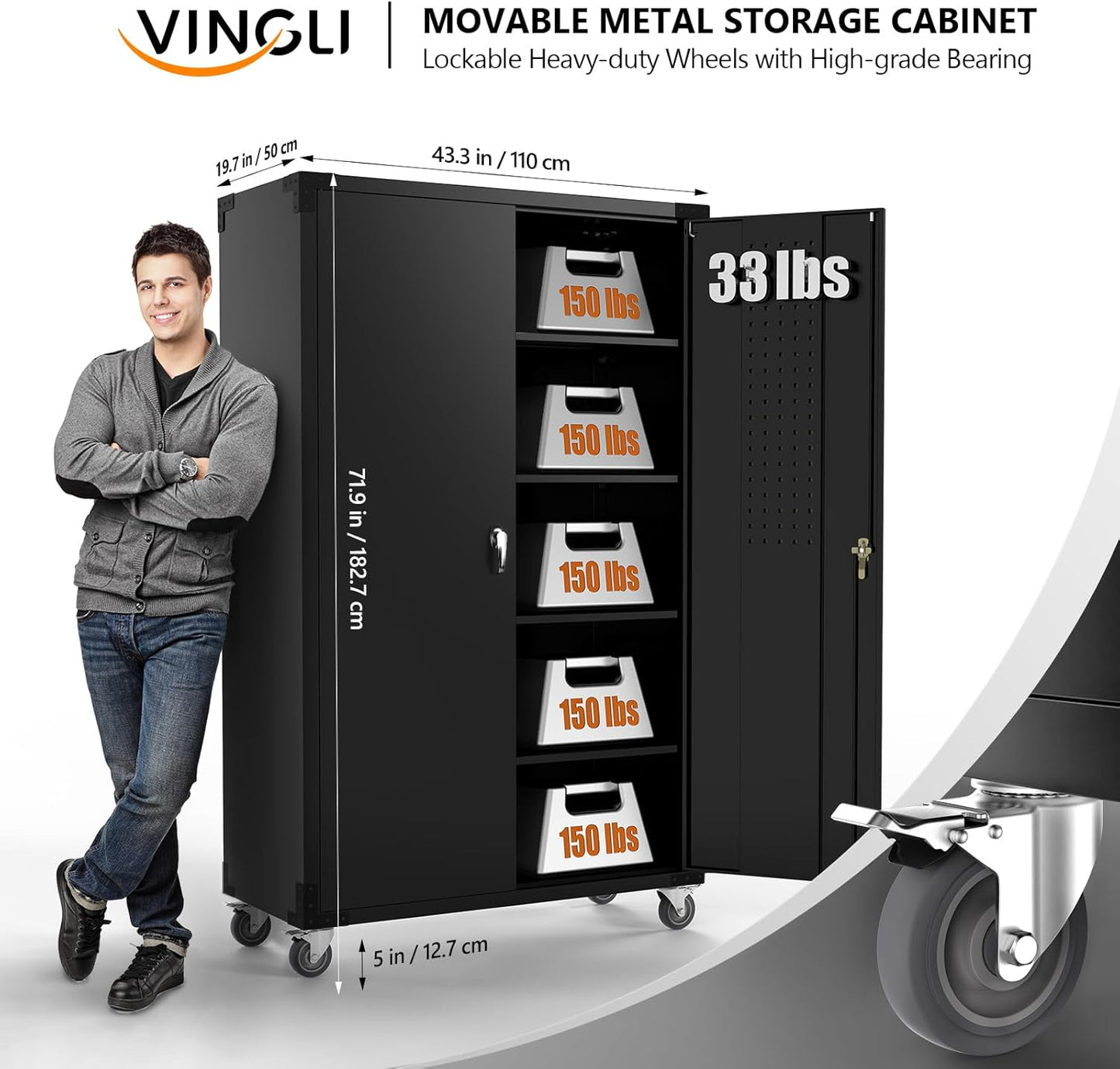 VINGLI Upgraded Wide & Deep Garage Storage Cabinet, Metal Storage Cabinet with Pegboards, Wheels, Locking Doors and Adjustable Shelves (Black, 43''W x 20''D x 72''H)