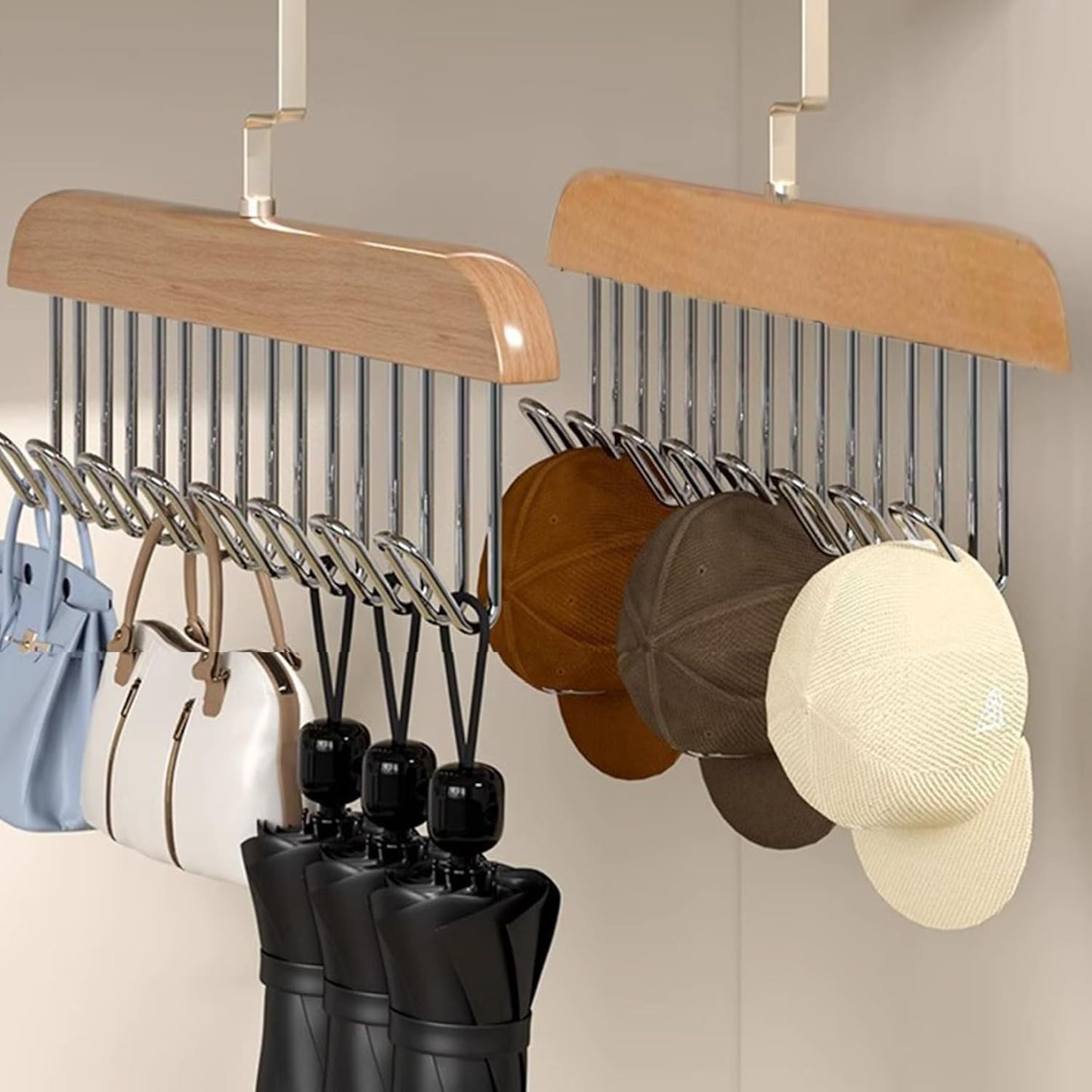 4PCS Belt Hanger for Closet with 8 Hooks Non-Slip Wooden Belt Hook Space-Saving for Ties, Scarves, Bras