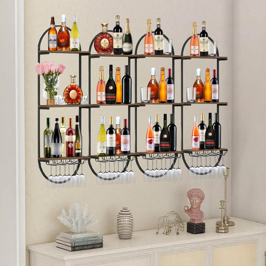 Wall Mount Wine Rack, 3-Tier Metal Oval Design Wine Rack Wall Mounted, Wine Bottle Holder for Home Bar, Wine Kitchen Storage Liquor, Champagne (Black, 4PCS)