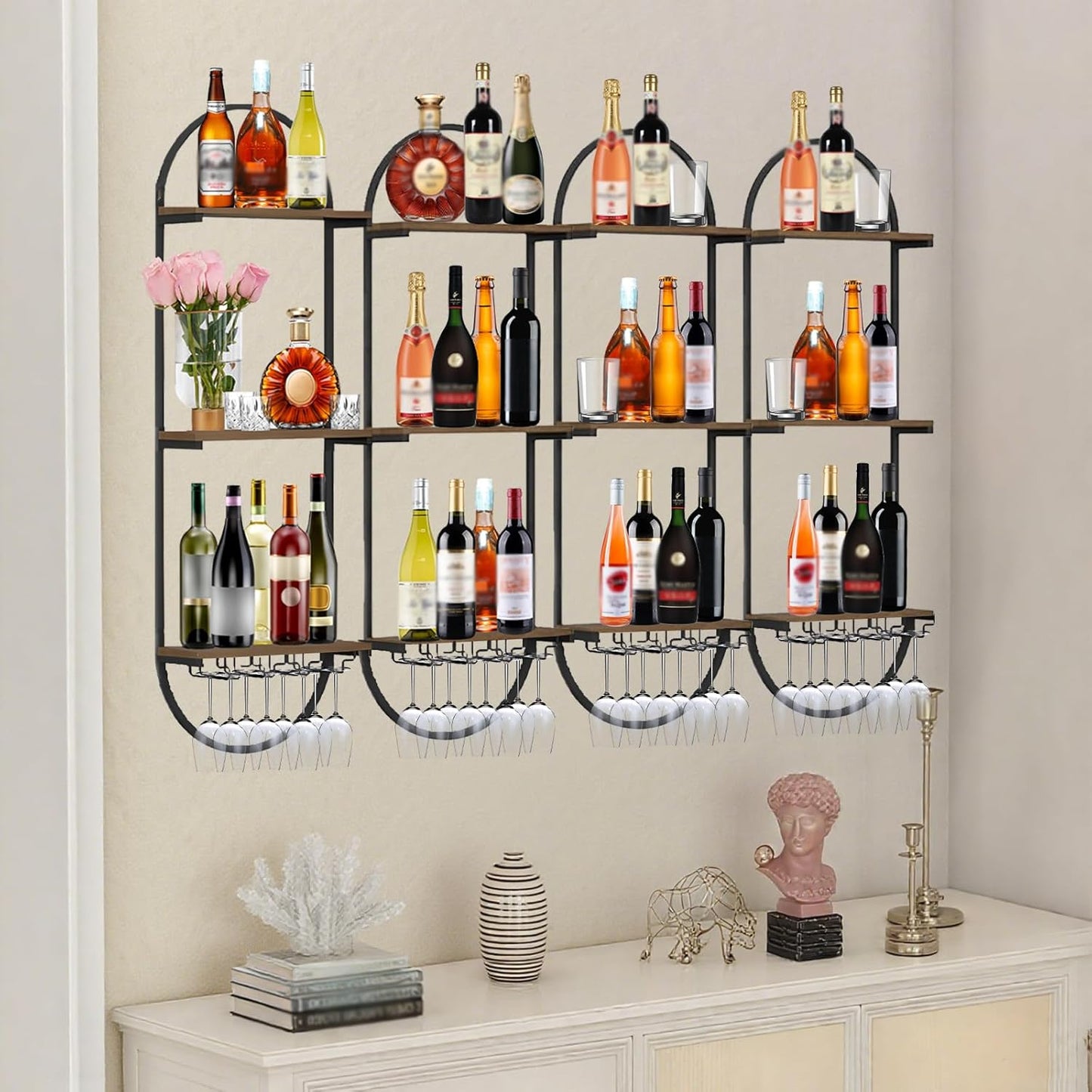 Wall Mount Wine Rack, 3-Tier Metal Oval Design Wine Rack Wall Mounted, Wine Bottle Holder for Home Bar, Wine Kitchen Storage Liquor, Champagne(Black, 6PCS)