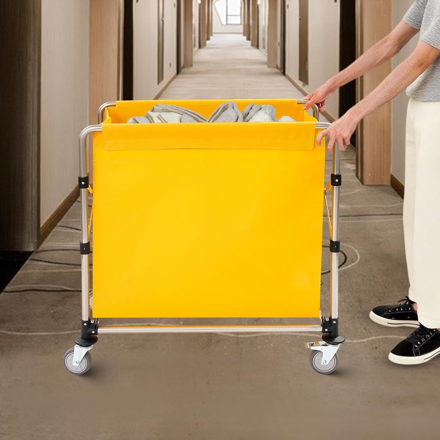 Commercial Laundry Cart with Wheels,Folding Laundry Hamper Cart,Heavy Duty Rolling Laundry Basket with Large Capacity,Laundry Sorter Trolley for Home Hotel Apartment (Yellow, 34.25 * 19.7 * 36.22in)
