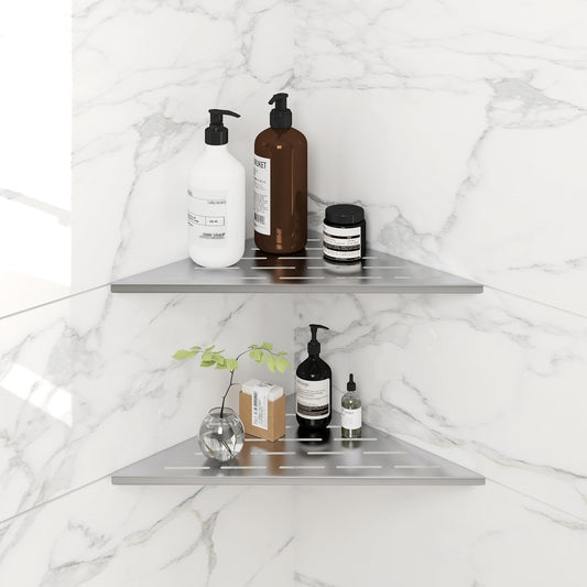 FerdY 2-Pack 10" Brushed Nickel Recessed Corner Shower Shelf, for Tiled Bathroom Walls, 304 Stainless Steel Floating Shelf, Shower Caddy Storage Shelves, No Drilling Required, Striped Triangle