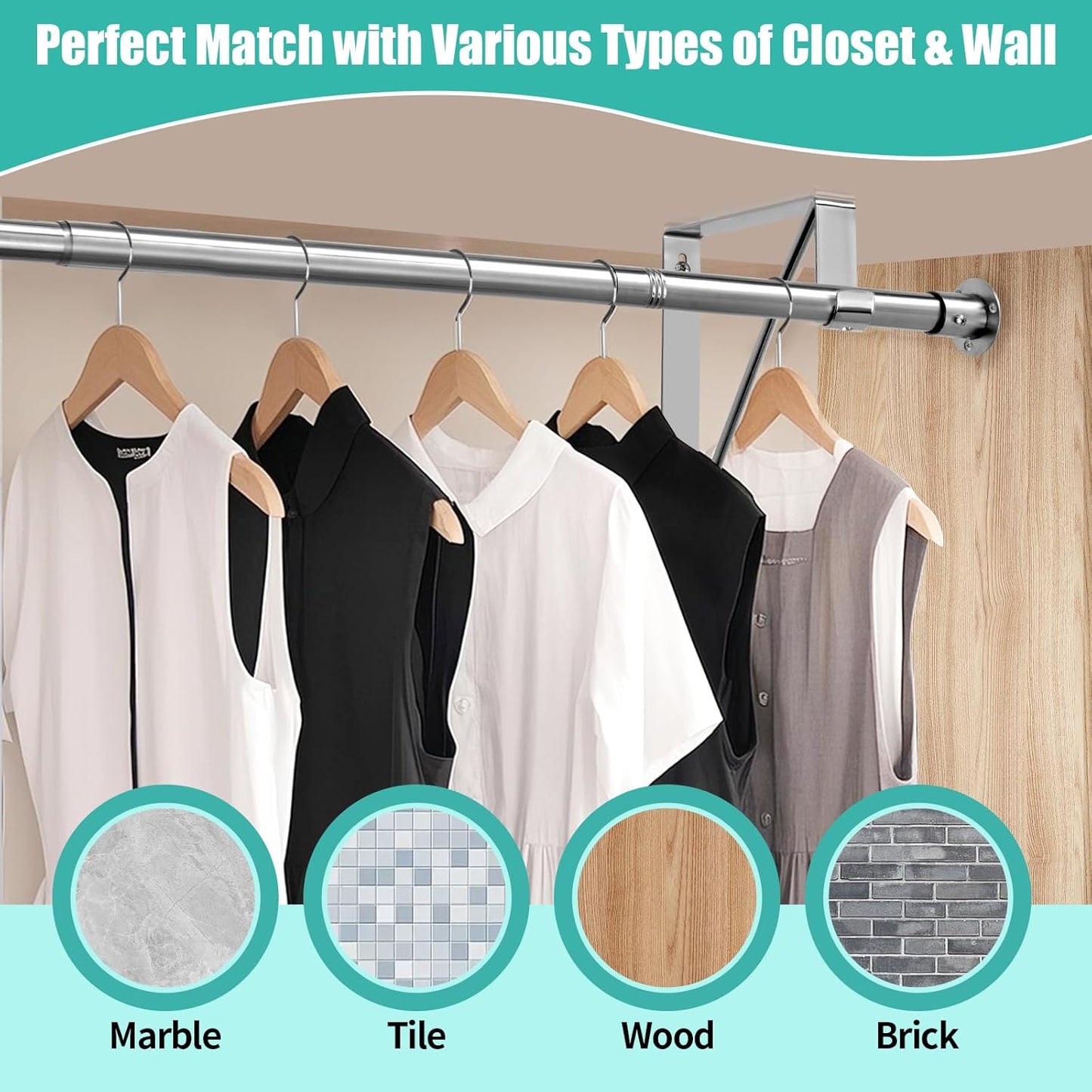 Closet Rod, 16 to 63 Inch Closet Rods Heavy Duty Adjustable Wardrobe Poles for Hanging Clothes and Heavy Duty Bracket Closet Pole Support (The Shelf NOT Included)(Silver)