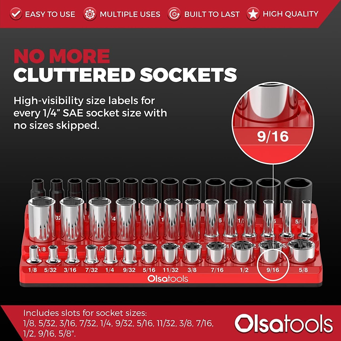 Olsa Tools Magnetic Socket Organizer (1/4-Inch Drive, 3 Row) - Magnetic Tool Organizer & Socket Holder - Tool Box Socket Organizers - SAE Red - Holds 39 Sockets - Professional Grade - Part: 1545