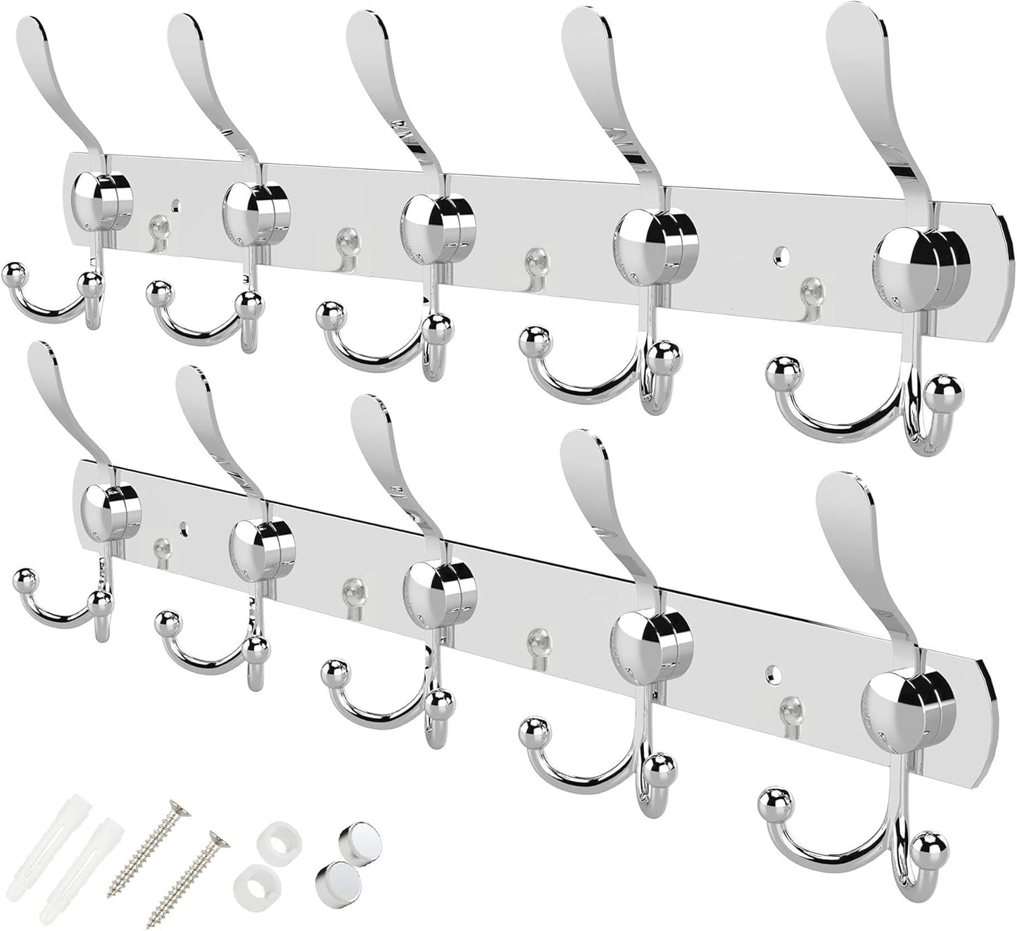 GlazieVault Coat Rack Wall Mount - Stainless Steel Coat Hooks (2 Pack) - Heavy Duty Wall Hooks for Clothes & Accessories (Silver Tri)