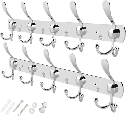 GlazieVault Coat Rack Wall Mount - Stainless Steel Coat Hooks (2 Pack) - Heavy Duty Wall Hooks for Clothes & Accessories (Silver Tri)