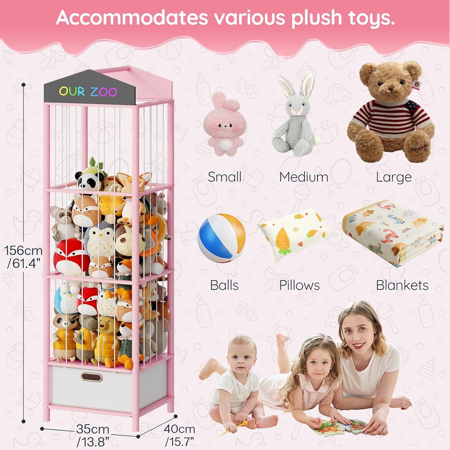 HOOBRO Stuffed Animal Storage & Organizer, Bamboo Stuffed Animal Holder with Fabric Drawer and DIY Chalkboard, Plush Toy Organizer for Playroom, Living Room, Nursery, Pink PK66CW01