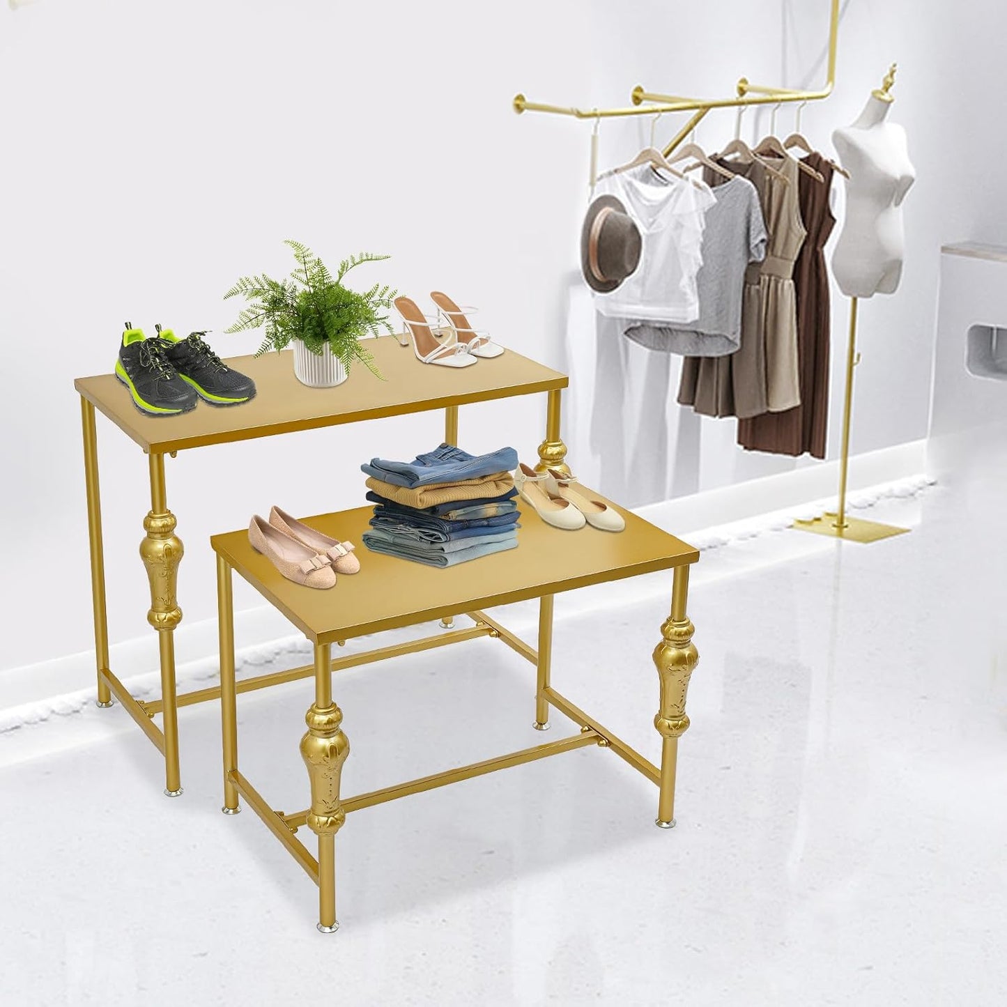 2Pcs Retail Display Tables, Shoe Handbag Display Stand Nesting Tables Set Heavy Duty Purse Display Risers for Home Boutique Retail Store (Gold)