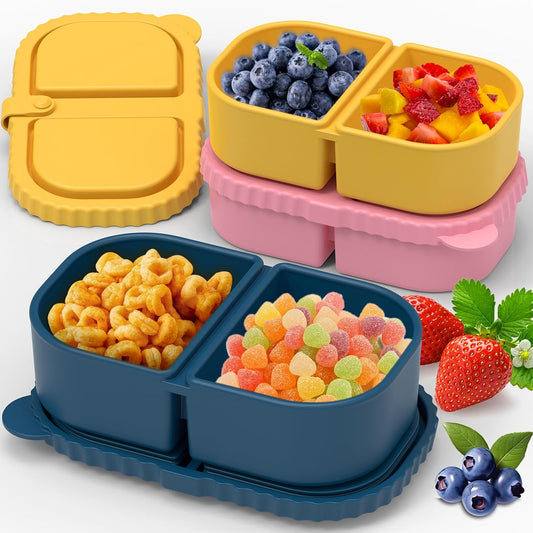 3 Pack Reusable Silicone Snack Containers with Lids, Meal Prep Containers 2 Compartments, Portable Silicone Food Storage Box for Picnic, School, Office (3)