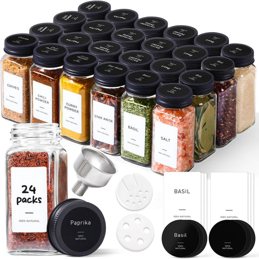 ComSaf Glass Spice Jars with Label, 24Pcs 4oz, 93 Labels, a Metal Funnel, Extra Shaker Lids, Empty Spice Containers and Square Spice Bottles for Kitchen and Seasoning