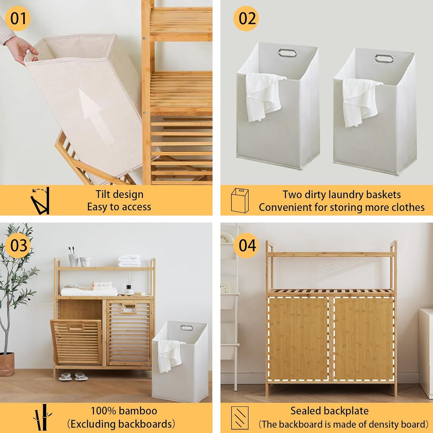 Double Tilt Out Laundry Hamper, Bamboo Hamper with 2 Removable Bags, Pull Out Laundry Hamper Cabinet, Bathroom Storage Shelf for Laundry Room, Living Room, Bedroom (2-Tier, Natural)