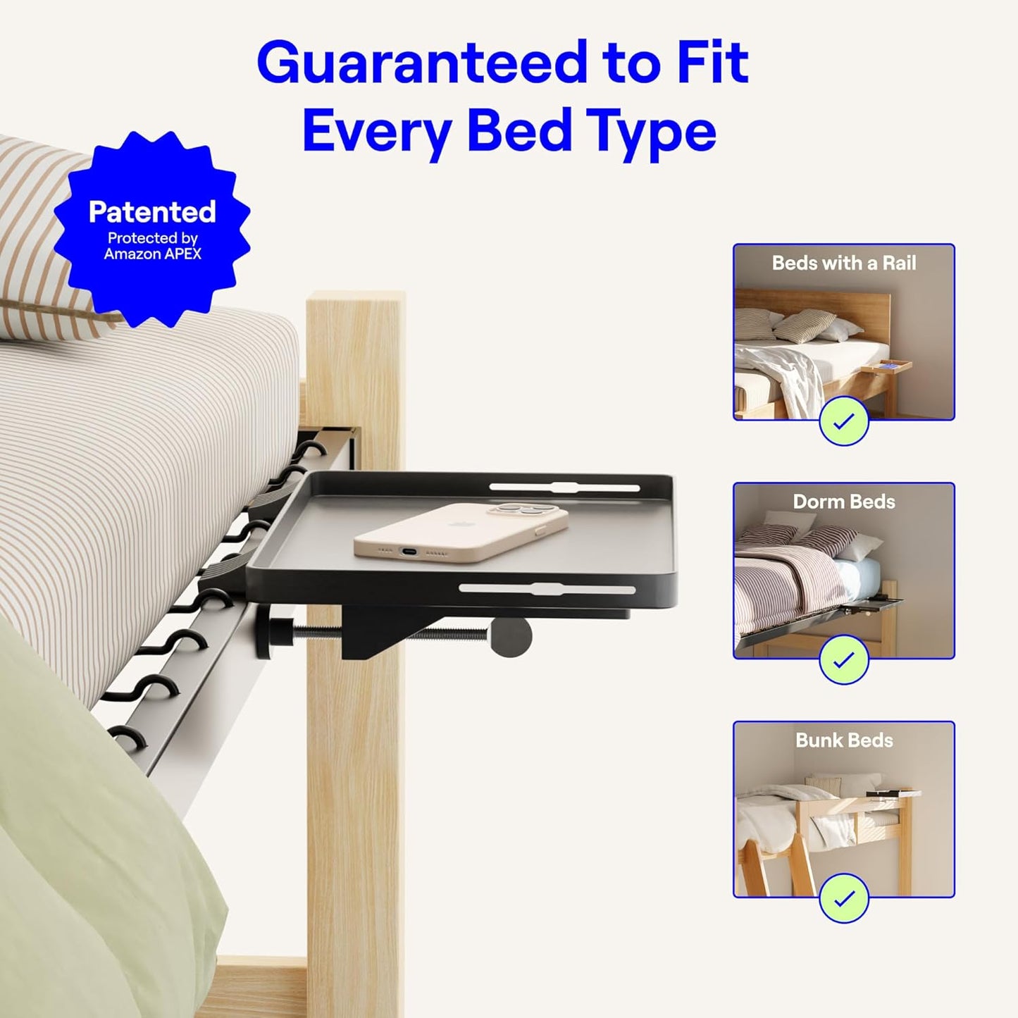 BedShelfie Bedside Shelf for Dorm Room Bunk Bed & Top Bunk, College Dorm Room Essentials, Bedside Caddy, Clip on Floating Tray, Bed Side Table Storage, Loft Nightstand Decor, Black