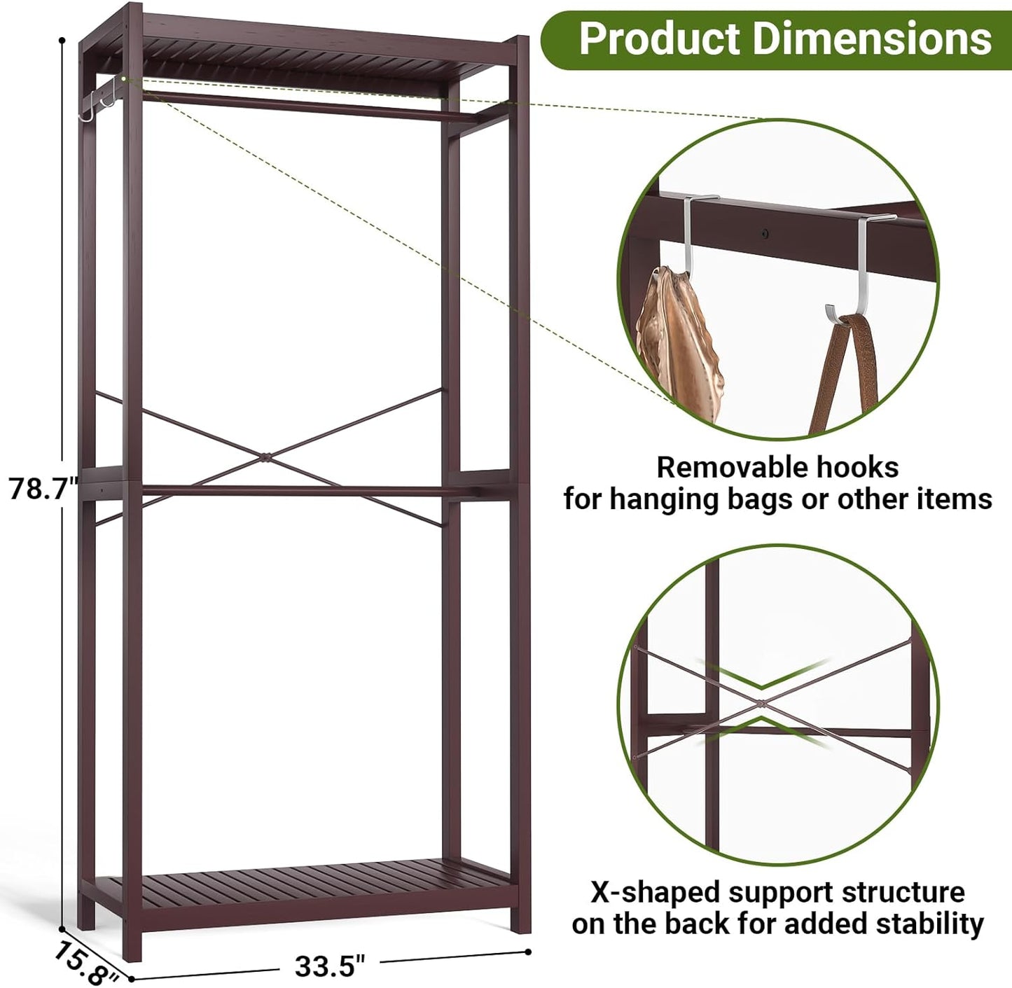 Homykic Bamboo Clothes Rack with Shelves and Double Hang Rods, Portable Closet System Garment Rack for Hanging Clothes, Tall Clothing Rack Corner Closet Organizer, Easy to Built, Espresso