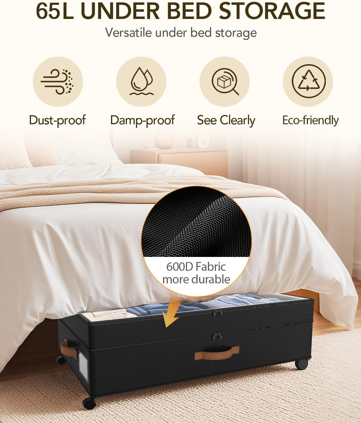 4 Pack Under Bed Storage with Wheels, Adjustable Height Storage Containers, 10 inches Large Capacity Rolling Underbed with Lids, Storage Drawers Shoes, Clothes, Blankets, Black