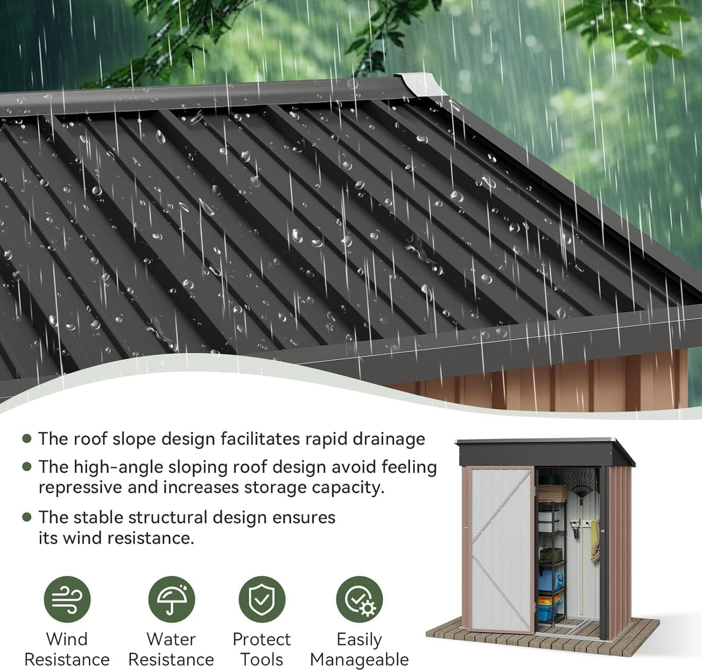 Aoxun 5’ x 2.9’ Shed Outdoor Storage Shed with Base Frame & Lockable Doors & Slooping Roof Metal Garden Tool Shed for Backyard, Patio, Poolside (Brown)