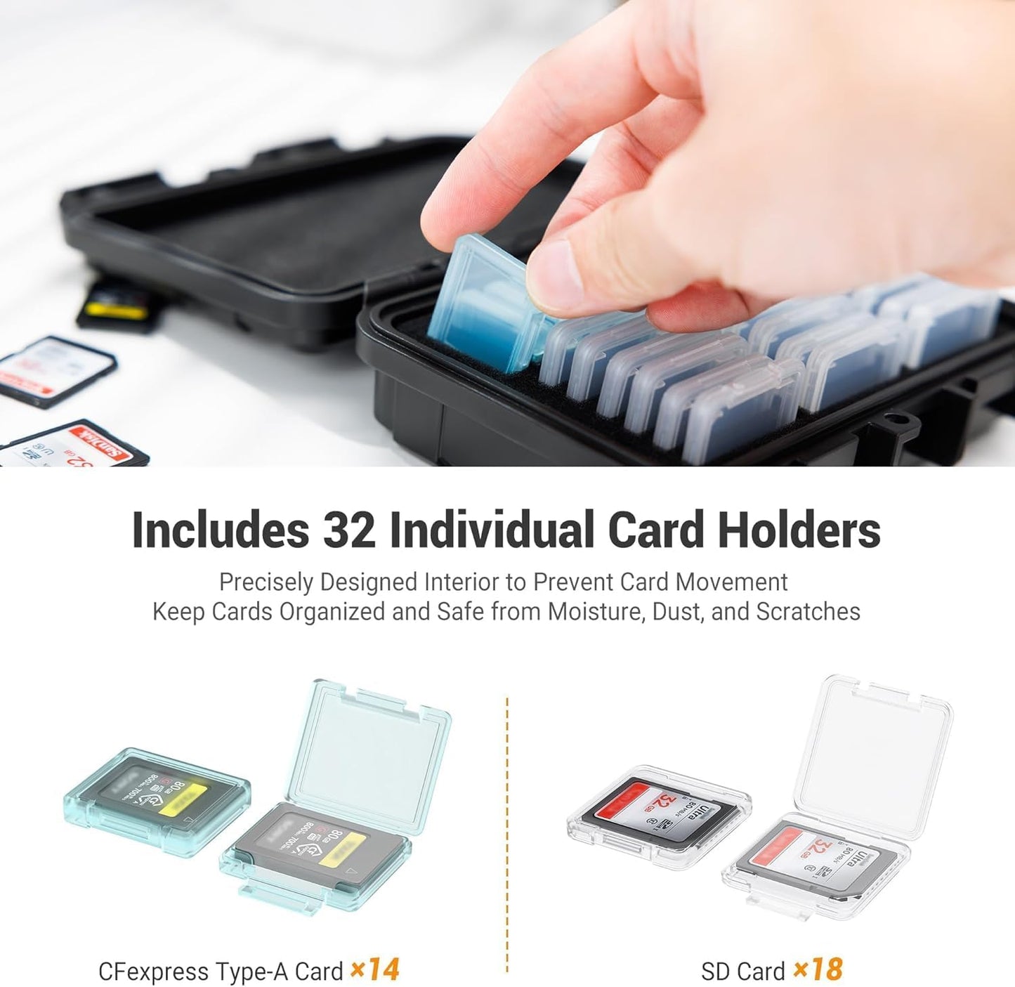 KIWIFOTOS 32 Slots Memory Card Case with Individual Case for 18 SD Card+ 14 CFexpress Type A Card Holder Storage Organizer IP67 Waterproof