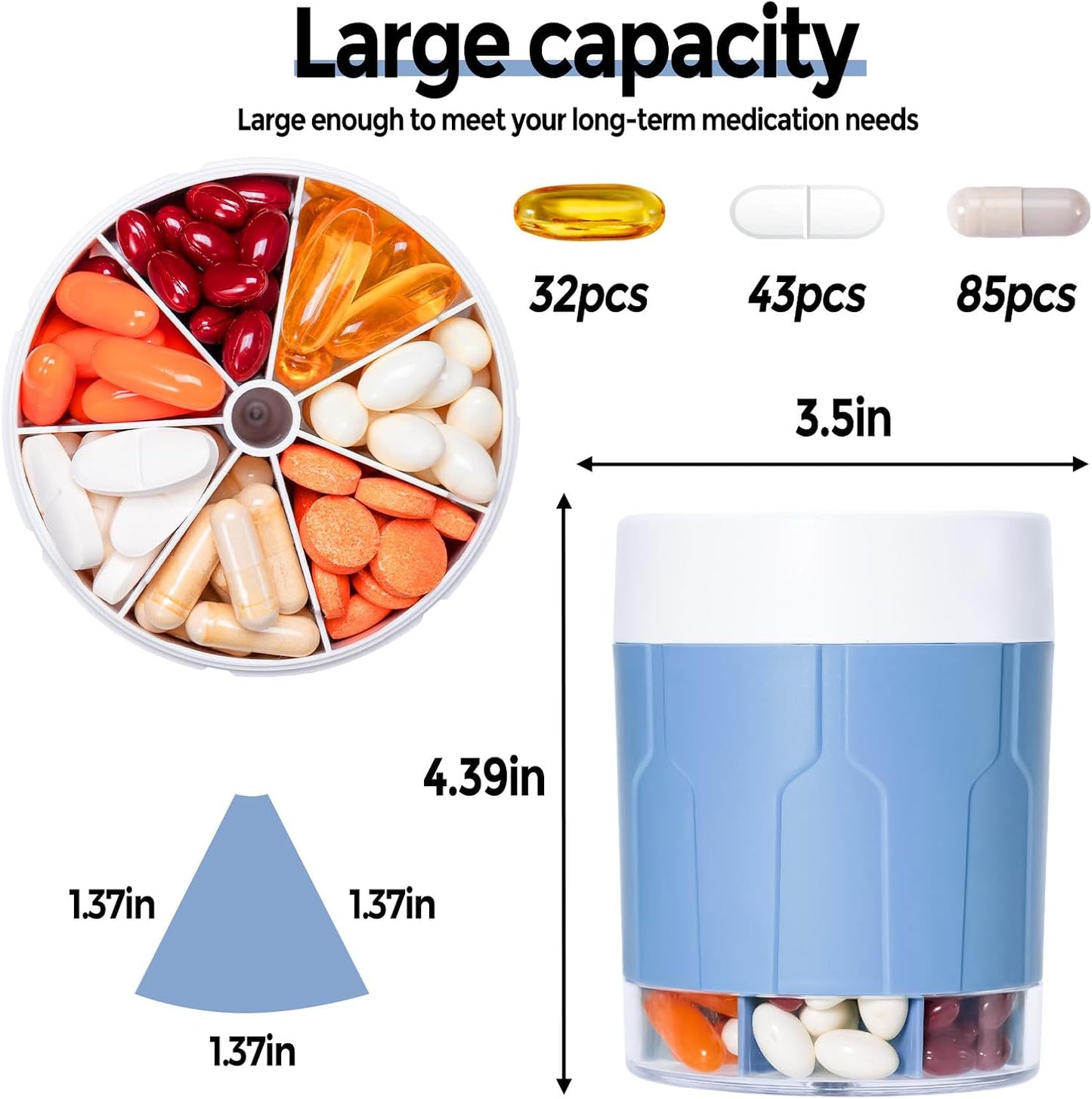 Betife Extra Large Supplement Organizer,Weekly Pill Organizer Bottle, Daily Pill Dispenser with 7 Large Compartments, Organizer to Hold 7 Day Vitamin Medication,21 Labels and a Cleaning Brush (Blue)