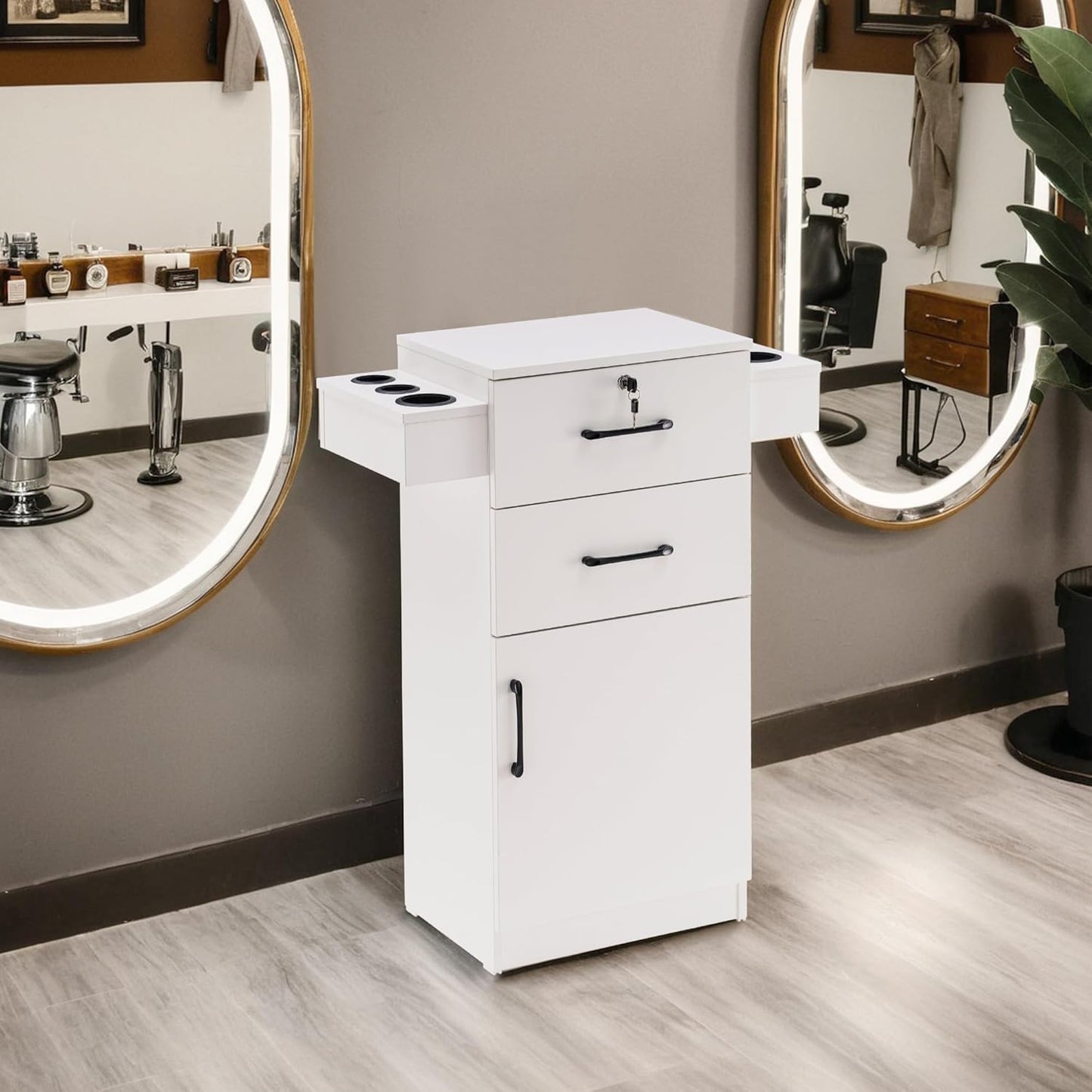BarberPub 38"x18"x14" Locking Beauty Salon Storage Cabinet, Barber Styling Station with Nylon Hair Dryer Holder, Barber Shop Stylist Equipment with Drawers 2021 (White)