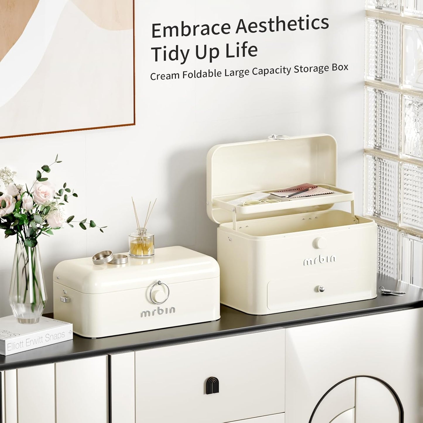 MRBIN Metal 2-Tier Medicine Container Folding Waterproof Safe Boxes and Supply Storage Organizer Empty First Aid Kit for Home Portable Emergency Kit, Cream White