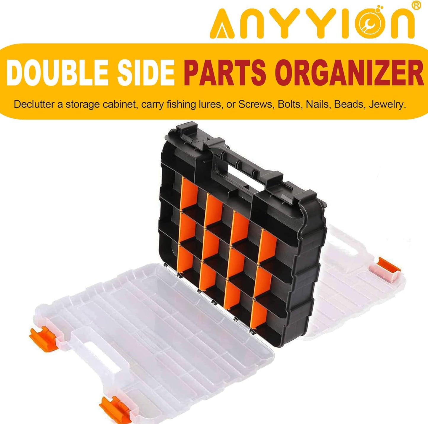 Anyyion Small Parts Organizer, 34-Compartments Double Side parts organizer with Removable Dividers for Hardware, Screws, Bolts, Nails, Beads, Jewelry. (2 Pcs, Orange)