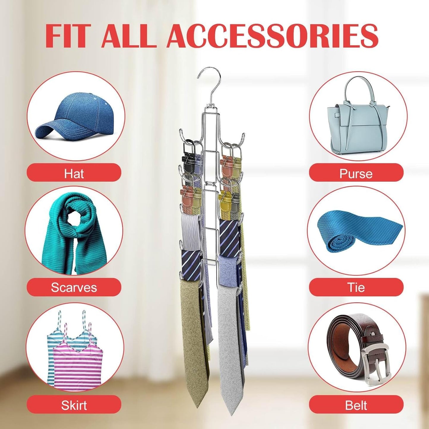Collapsible Tie Rack Belt Organizer for Closet, Upgraded Dual-Use Belt Tie Hanger with 10 Large Hooks, Storage Up to 80 Items, Rotatable Space Saving Hanger for Closet Organizers and Storage