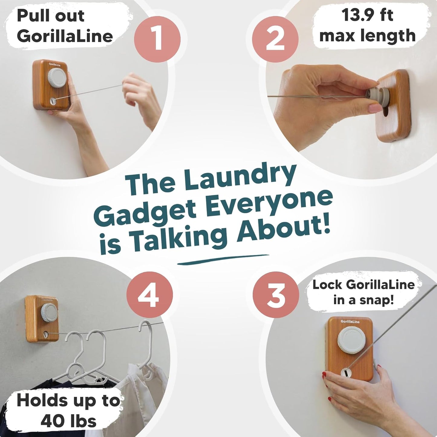 GorillaLine Max - Retractable Clothesline Indoor Outdoor Clothes Line - Heavy Duty Clothes Drying Laundry Line - Wall Mounted Drying Rack - Air Dry Clothing - Max Tighten with GorillaGrip